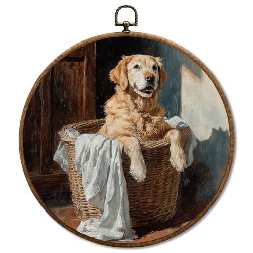 JUIOEIU Vintage Golden Retriever Laundry Room Round Wall Decor, Golden Retriever Gifts Framed Canvas Prints, Dog in Basket Wall Art Hanging Decorations for Washroom Laundry Room Decor, 10x10in - color: Laundry room10