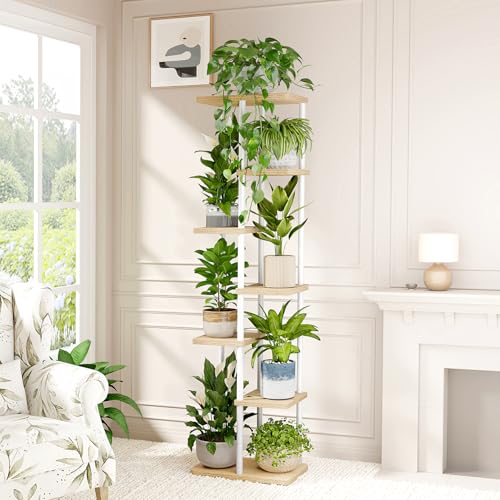 Bamworld Tall Plant Stand Indoor, 7 Tier Plant Shelf for Multiple Plants, Tiered Flower Pot Stands for Patio Garden Balcony Living Room Bedroom, White - color: White, size: 7 Tier