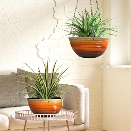 Vanslogreen 2 Pack Hanging Planters for Indoor Outdoor Plants, 10 Inch Hanging Planter with Drainage Hole & Plug Glazed Hanging Baskets Flower Pots for Garden Home, Orange - color: Orange, size: 10inch