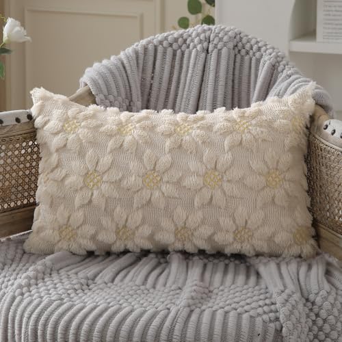 DFXSZ Spring Summer Pillow Covers 12x20 inch Set of 2 Farmhouse Decor Yellow Flower Heart Sunflower Beige Soft Plush Faux Fur Jacquard Throw Pillows for Sofa Holiday Spring Home Decor PTK024E12 - color: Beige, size: 20" x 12" (Pack of 2)