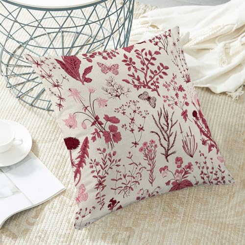 Christmas Pillow Covers 16x16 Inch Set of 2,Burgundy Red Wild Flower Plant Throw Pillows Case,Seasonal Floral Outdoor Decorative Square Linen Farmhouse Decor Cushion Covers for Home Sofa bed Couch - color: Burgundy Wild Floral, size: 16" x 16" (Pack of 2)