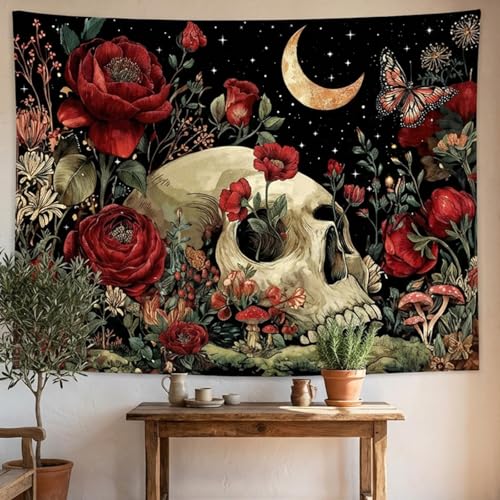 Lifeel Gothic Skull Tapestry, Gothic Hippie Mushroom Flower Aesthetics Moon Tapestries for Room Decor, 36x48 inches - color: Red, size: 48"L x 36"W