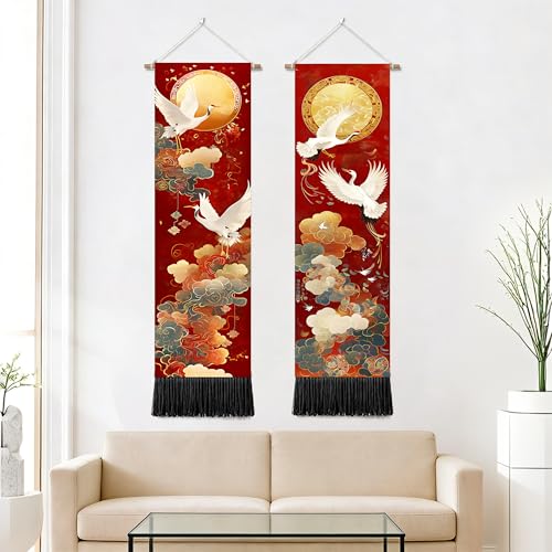 seewan 2 Pack Long Vertical Wall Tapestry, Boho Nature Landscape & Floral Aesthetic Wall Hanging for Bedroom Living Room Home Decor, Long Narrow Art Tapestry with Sunrise Mountain Botanical Designs, 13" × 51" (Orient Golden Festive, 13"Wx51"H, Unframed) -