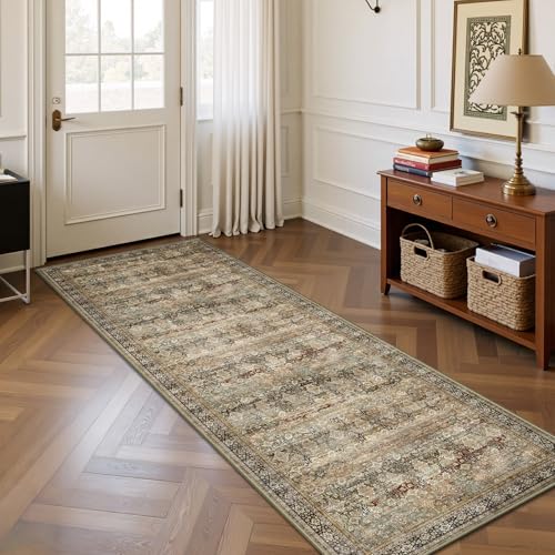 2x6 Hallway Runner Rug, Washable Vintage Retro Long Runner Rugs for Kitchen Laundry, Soft Ultra Thin Non Slip Low Pile Traditional Distressed Boho Carpet for Bedroom Bathroom, Charcoal Olive - color: B-charcoal / Olive, size: 2x6
