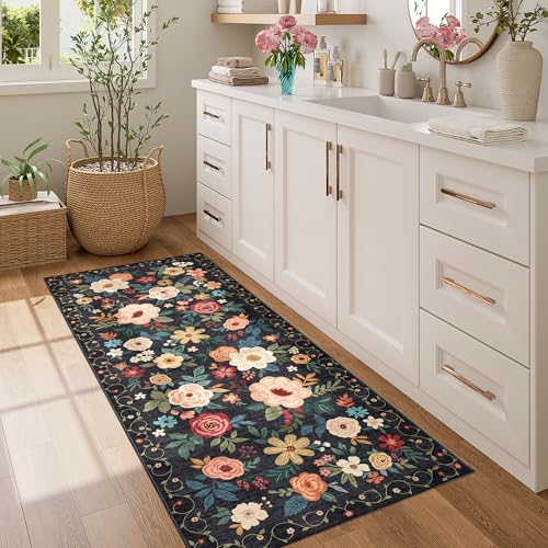 DUKINO 2x5 Runner Rug for Hallway, Washable Kitchen Floral Runner Rug with Non Slip Backing, Low Pile Soft Boho Carpet for Kitchen, Hallway, Entryway, Laundry, Bedroom, Black - color: Black, size: 2' x 5' (Rectangular)