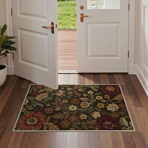 GENIMO 2X3 Washable Doormat, Vintage Floral Print Non-Slip Low Pile Chenille Area Rug, Small Entry Mat for Entrance Hallway Kitchen Bathroom, Floral Brown - color: Vintage Sepia, size: 2' x 3' (Rectangular)