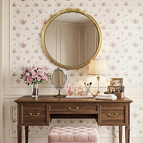 Vintage Gold Round Bow Mirror 28" – Decorative Metal Frame Circle Mirror with Beaded & Beveled Design, Antique Baroque Wall Mirror for Living Room, Bedroom, Bathroom, Entryway - color: Bow - 28"l X 28"w