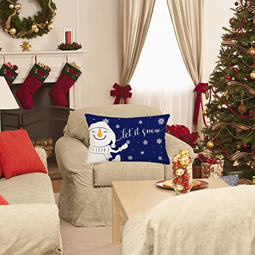 Winter Snowman Throw Waist Pillow Cases Blue White Snowflake Outdoor Let It Snow Holiday Christmas Farmhouse Decorations Pillow Covers 12x20 Inch Cotton Linen Couch Cushion Cover - color: Blue Snowman Let It Snow