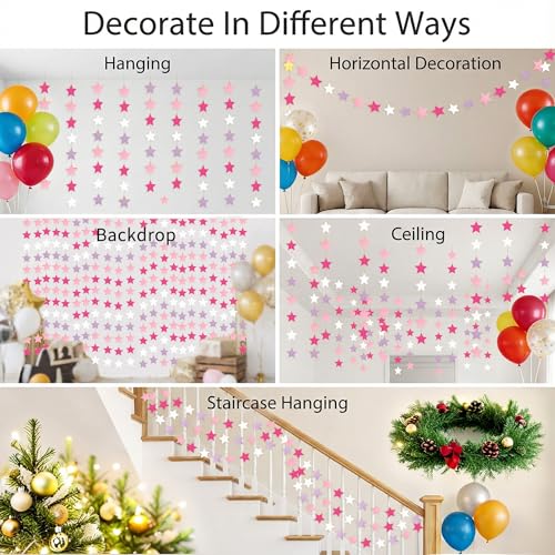 Glitter Pink, Rose Red & Pink White Iridescent Star Garland 90FT, 240pcs Hanging Glitter Star Banner Backdrop for Birthday, Baby Shower, Wedding & Christmas Party Decorations (6 Packs) - color: Glitter Pink & Rose Red & Pink & White