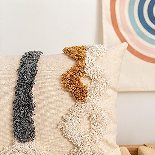 Beige Cream Boho Woven Tufted Lumbar Pillow Cover,Morocco Gray Brown Geometric Stripes Textured Indian Tribal Decorative Pillowcase,Farmhouse Cushion Cover for Bedroom Living Room Couch.12x20 Inch - color: D
