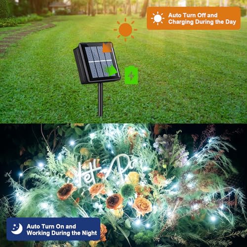 QITONG Solar Fairy Lights Outdoor Waterproof, 2 Pack Each 66ft 200 LED White Christmas String Lights, Silver Wire Twinkle Mini Lights with 8 Modes - color: White