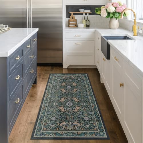 Boho 2x5 Entryway Indoor Runner for Bathroom - Botanical Bird Runner Rug for Kitchen Floor, Hallway, Bedroom, Entrance, Blue and Teal Neutral Vintage Decor, Washable Non Slip Low Pile - color: Blue, size: 2' x 5' (Runner)