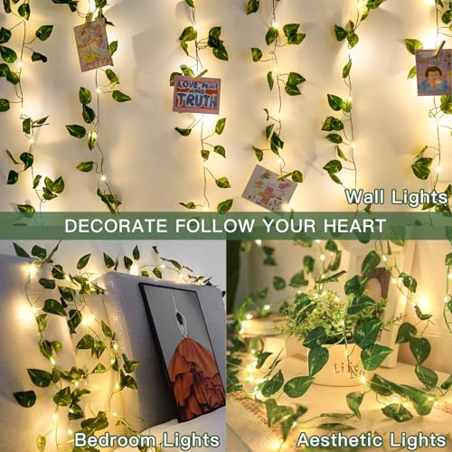 suddus Vine with Fairy Lights Battery Operated, 13.1ft 40 LED Pothos String Lights with Remote, Leaf Lights for Bedroom, Room, Wall, Garden, Party, Wedding Dorm Decor(Warm White) - color: Pothos, size: 40 LED-Battery-Copper