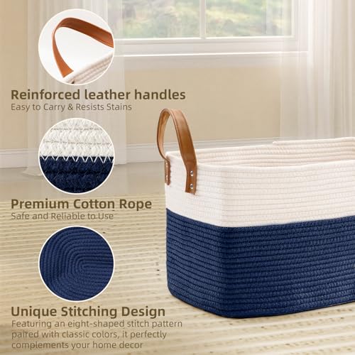 BOLDMONKEY 72L Laundry Basket with Leather Handles,Woven Cotton Rope Blanket Basket,Toy Bin for Baby Room,Laundry Hampers for Bedroom, Living Room,Bathroom,22"x17"x11.8" Navy - color: Navy, size: 72L