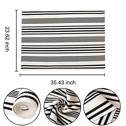 Black and White Striped Doormat 24'' x 35'' Front Porch Rug Machine Washable Indoor Outdoor Doormat for Front Porch Hand-Woven Entryway Rug for Laundry/Bathroom/Bedroom - color: White Striped, size: 2' x 3' (Rectangular)