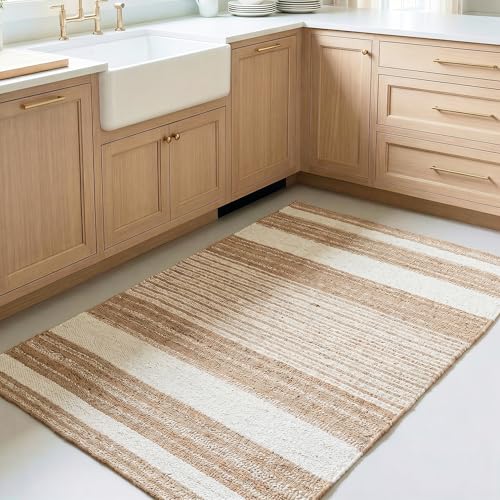 Homespice Reva Striped Area Rug 3x5' - Dense & Thick Premium Handwoven Jute Rug for Kitchen and Hallway, Lays Flat, Won't Fray or Shed, Natural Brown with White Stripes - color: Reva, size: 3' x 5' (Rectangular)