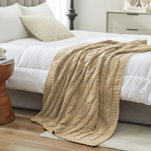 Amélie Home Chunky Knit Throw Blanket, Dual-Sided Soft Chenille Breathable Cable Knitted Blanket for Couch, Farmhouse Decorative Throw for Sofa & Chair, 50"x60", Beige - color: Beige, size: Cable Knit 50"x60"