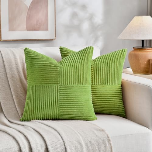Fancy Homi Set of 2 Lime Green Samll Decorative Throw Pillow Covers 12x12 Inch with for Couch Bed Sofa Living Room, Soft Cross Patchwork Striped Corduroy Modern Square Cushion Case 30 cm - color: Lime Green, size: 12" x 12" (Pack of 2)