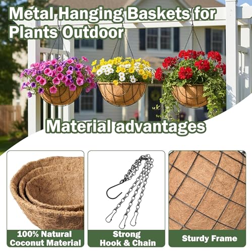 4 Pack 14 Inch Hanging Baskets for Plants Outdoor Metal Hanging Planter Basket with Coco Coir Liner Hanging Flower Baskets Hanging Flower Pots Holder for Garden, Patio(Earth) - size: 14 Inch, style: Country Rustic