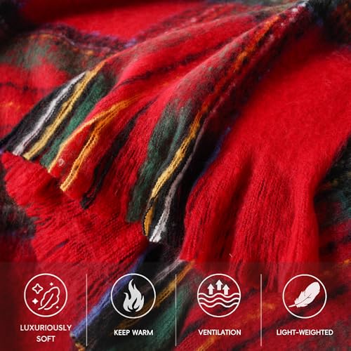 Battilo Christmas Plaid Throw Blanket for Couch Bed, Mohair Red Tartan Plaid Blankets, Soft Cashmere Checkered Pattern, Red Christmas Throw Blankets for Home Decor (50"x60") - color: Christmas Red