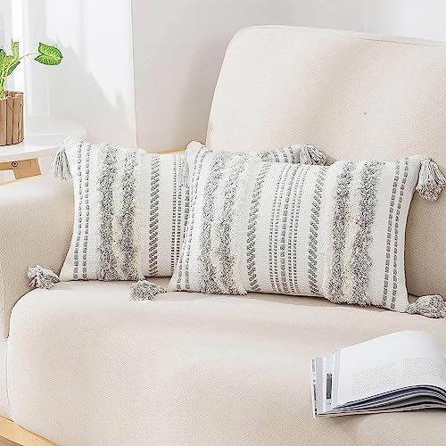 decorUhome Summer Decorative Boho Throw Pillow Covers 12x20 Set of 2, Lumbar Accent Neutral Textured Tufted Pillow Covers Striped for Couch Bed Sofa Living Room, Grey and Cream White - color: Grey and Cream White, size: 20" x 12" (Pack of 2)