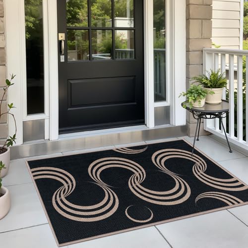 Tangsoo Easy Jute Rug for Entryway,2x3 Outdoor Washable Thin Rug Non-Slip Black Geometric Indoor Entry Mat Small Throw Carpet for Kitchen Bedroom Front Porch Doorway - color: Black Arc, size: 2x3ft