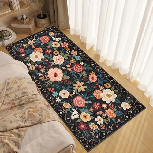 DUKINO 3x6 Runner Rug, Washable Soft Floral Hallway Runner Rug with Non Slip, Low Pile Thin Floor Carpet for Kitchen, Bathroom, Entryway, Laundry, Entryway, Black - color: Black, size: 3' x 6' (Rectangular)