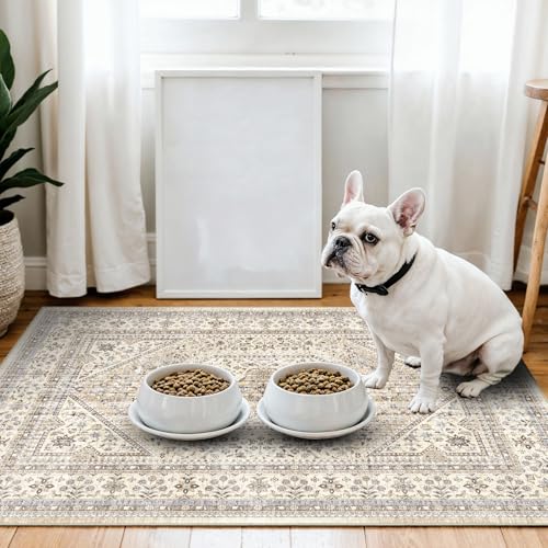 Washable 3x4 Area Rug for Entryway - Bedroom Rugs with Non Slip Rubber Backing for Kitchen Bathroom Indoor Soft Stain Resistant Carpet Rug for Pet Feeding Area and Distressed Floor Decor Beige/Gray - color: Beige/Gray, size: 3' x 4' (Rectangular)