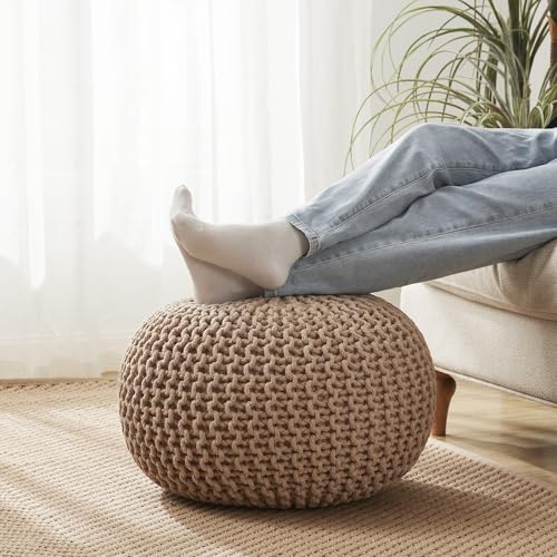 Pouf Ottoman Foot Rest Stuffed – 20” Diameter x 14” Tall Cozy Floor Pouf for Living Room, Bedroom, Nursery & More – 100% Cotton Knit Shell, EPS Bead Filled Footrest & Accent Chair, Taupe - color: Taupe