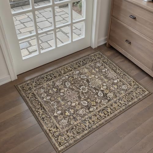 2x3 Brown Washable Vintage Area Rug for Living Room Soft Floral Non Slip Throw Rug Modern Low Pile Stain Resistance Doormat Distressed Carpet Entrance Dinning Laundry Room Kitchen Bathroom - color: Neutral | Brown, size: 2'x3'
