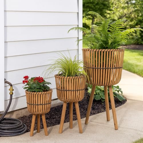 Decorative Bamboo Footed Planters for Home Decor - Garden Plant Pots for Indoor Living Room Decor or Outdoor Patio Areas - Flower Pots for Entryway and Backyard - Set of 3, 30", 26", 22", Brown - color: Woven Natural/Black, size: 26" H