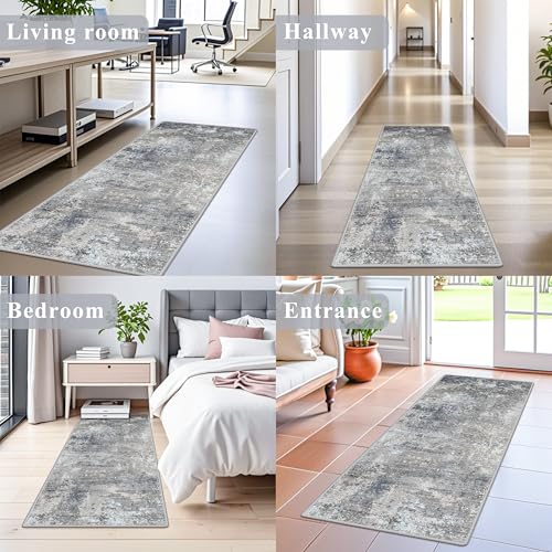 2x5 Rug Runner Non-Slip Washable– Modern Neutral Abstract Kitchen Bathroom Hallway Bedroom Area Rug – Soft Thin Low-Pile Small Short Floor Mat (Blue Grey,2x5) - color: Blue Gray, size: 2' x 5' (Rectangular)
