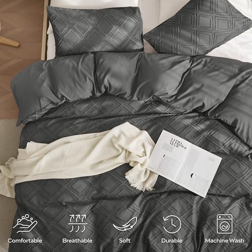 JELLYMONI Duvet Cover Queen Size Dark Grey - 3PCS Boho Duvet Cover Set Plaid Polyester Tufted Bohemian Jacquard Knit Textured Comforter Cover 90×90in Rhombic Geometric Pattern Zipper Corner Tie - color: Dark Grey-grid, size: Queen(90"×90")