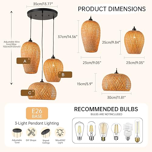Rattan Pendant Light Bamboo Hanging Light 3-Lights Boho Pendant Light Fixture Woven Basket Wicker Shade Rattan Chandelier for Living Room Dining Room Kitchen - color: Rattan Bamboo, 3-Light