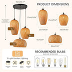 Rattan Pendant Light Bamboo Hanging Light 3-Lights Boho Pendant Light Fixture Woven Basket Wicker Shade Rattan Chandelier for Living Room Dining Room Kitchen - color: Rattan Bamboo, 3-Light