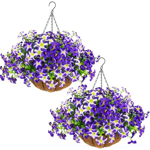 2 Set Artificial Petunias Flowers with Hanging Baskets, 24 Pcs Silk Petunia UV Resistant Purple Faux Petunias Flowers with Hanging Planter for Front Door Porch Spring Outside Decor (2, Purple) - color: Purple