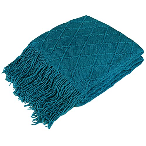 PAVILIA Teal Blue Knit Throw Blanket for Couch Bed, Soft Knitted Farmhouse Sofa Throw for Living Room, Lightweight Decorative Summer Throw Blanket for Chair, Outdoor Textured Boho Blanket, 50x60 - color: Teal Blue, size: 50 X 60 Inches - Throw
