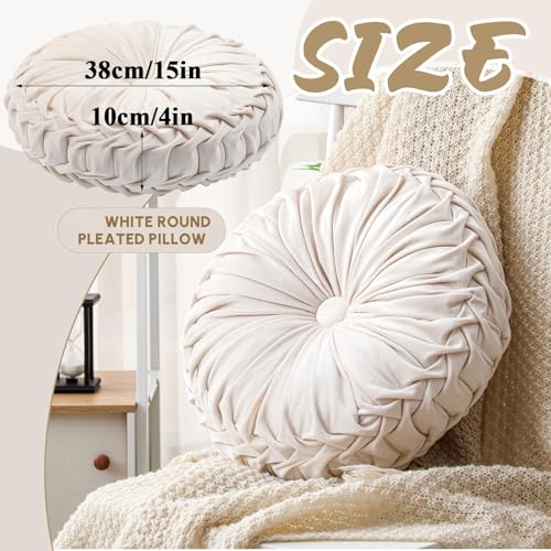 Drydiet 1 Pcs Round Throw Velvet Pillows Decorative Pleated Throw Pillows Diameter Accent Pumpkin Boho Chair Cushion for Couch Sofa Home Decoration (Beige,15'') - color: Beige, size: 15''
