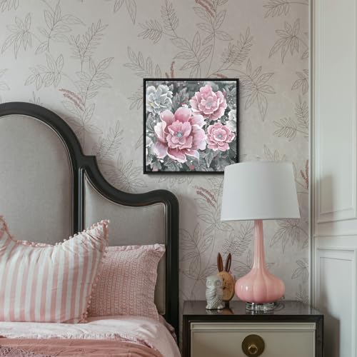 Pink Wall Art Bathroom Décor Modern Framed Floral Wall Picture Black and White Artwork Peony Flower Canvas Print for Bedroom Office Dining Room Décor Small - color: Pink Wall Art, size: 13.5"L x 13.5"W