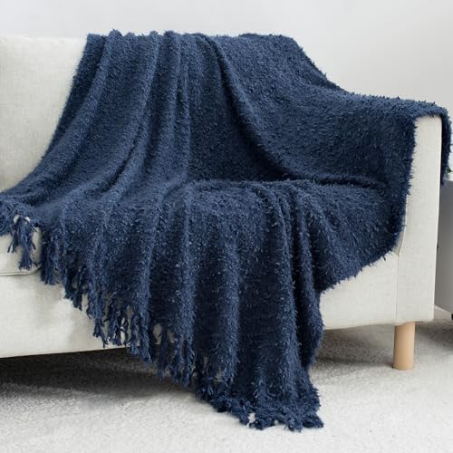 Winter Knit Throw Blanket Fluffy Fuzzy Soft Lightweight Cozy Farmhouse Tassels Chunky Knitted Throws for Couch Sofa Bed (Navy Blue, 50"x60") - color: Navy Blue, size: 50"x60"