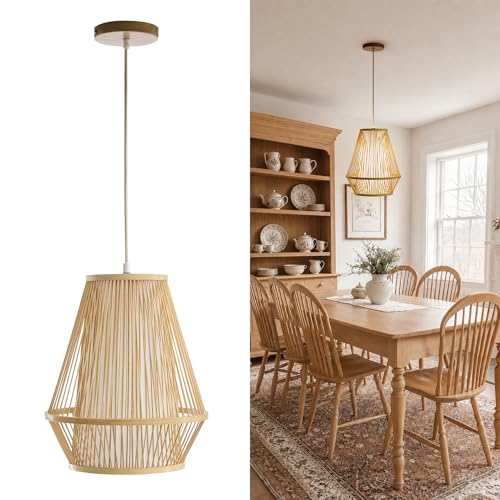 12 Inch Pendant Light, Hanging Ceiling Lamp with Handwoven Bamboo Basket Shade, Adjustable Pendant Fixture for Kitchen Island, Dining Room, Bedroom - color: NATURE