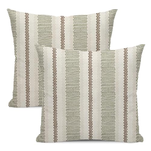 Boho Pillow Covers 16x16 Set of 2 Sage Green Brown Stripes Throw Pillow Covers Outdoor Decorations Modern Abstract Decorative Pillowcase Farmhouse Linen Cushion Case Decor for Home Couch Sofa - color: Boho-green Brown, size: 16" x 16" (Pack of 2)
