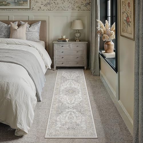 HUGEAR Hallway 2x6 Runner Rugs Machine Washable Rugs Vintage Grey Non-Shedding Low Pile Persia Throw Carpet Non Slip for Living Room Bedroom Dining Room Kitchen Office Home Decor - color: Beige / Grey, size: 2' x 6' (Runner)