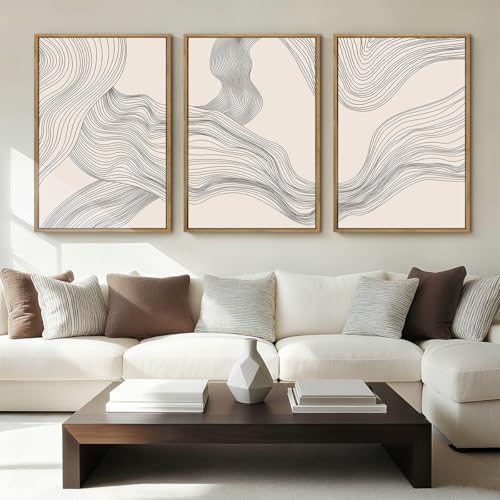 Beige Abstract Wall Art Framed Neutral Modern Canvas Wall Decor Minimalist Line Wave Painting16x24 Inch Pictures Set of 3 for Living Room Bedroom Dining Room - color: Beige Line, size: 24"L x 16"W