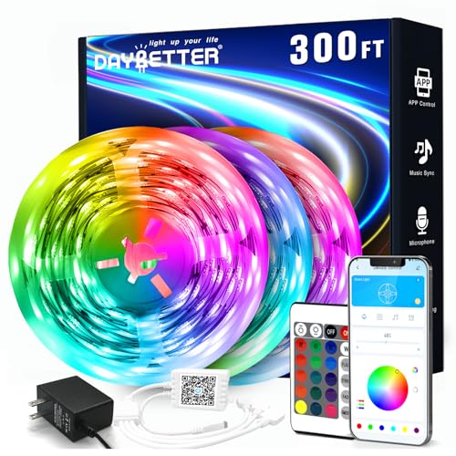 DAYBETTER Led Strip Lights 300 ft (3 Rolls of 100 ft) Color Changing Lights Strip for Bedroom, Desk, Indoor Room Bedroom Valentine Decor, with Remote and 24V Power Supply - size: 300FT