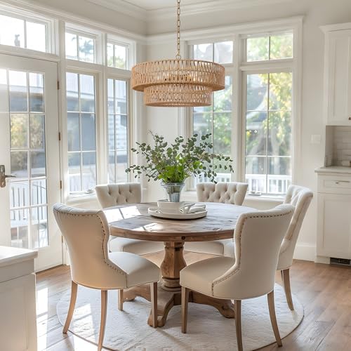 21.6 Inch Boho Rattan Chandelier, 5-Lights Hand Woven Bohemian Chandeliers with 2-Tier Drum Wicker Shade, Modern Farmhouse Large Pendant Light Fixture for Dining Room Living Entryway Bedroom - color: Gold Metal, size: 21.6 Inch