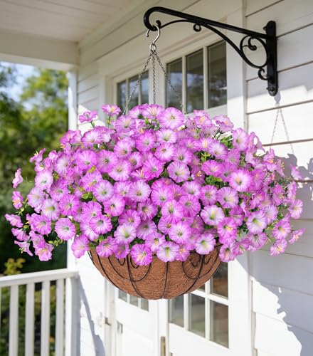 Artificial Faux Hanging Plants Flowers Basket for Outdoor Outside Spring Summer Decoration, Silk Purple Morning Glory in Planter UV Resistant Look Real Fake Flowers for Porch Patio Balcony Home Yard - color: Gradient Purple