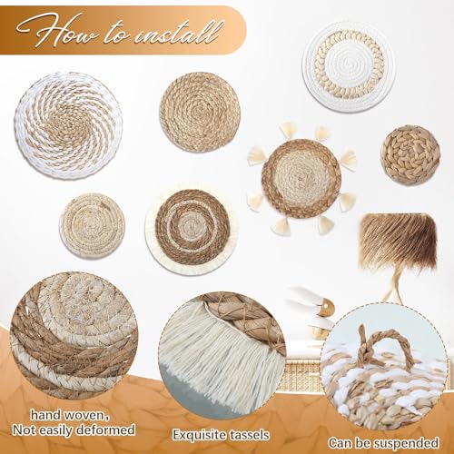 Beeveer 7 Pcs Boho Wall Baskets Decor Hanging Rustic Rattan Wicker Wall Basket for Farmhouse Living Rooms Bedrooms Kitchen Decorations(Classic Style)