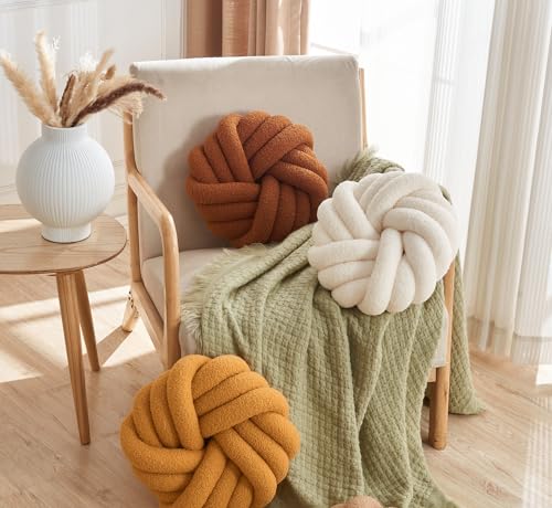 Brown Knot Pillow 13.7'' Round Throw Pillow Soft Plush Knot Ball Pillow Handmade Knotted Pillow Modern Home Decorative Knotted Pillow Cushion for Bed Bedroom, Sofa, Couch - color: Brown