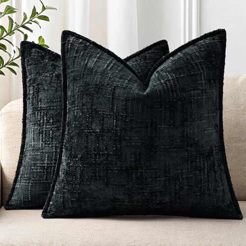 decorUhome Chenille Throw Pillow Covers 24x24 Set of 2, Soft Textured Slubby Modern Decorative Pillow Covers with Elegant Design for Couch, Sofa, Living Room, Black - color: Black, size: 24" x 24" (Pack of 2)